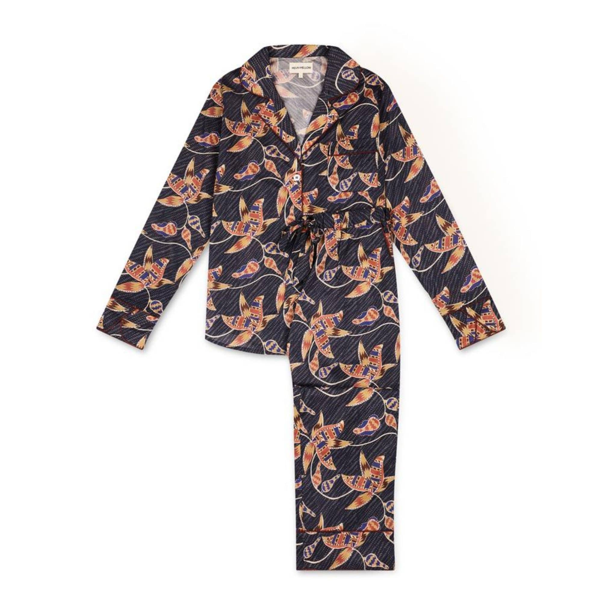 CLIFF Home Long Cotton Pyjamas in Tribal Flower Navy by Moon Mellow